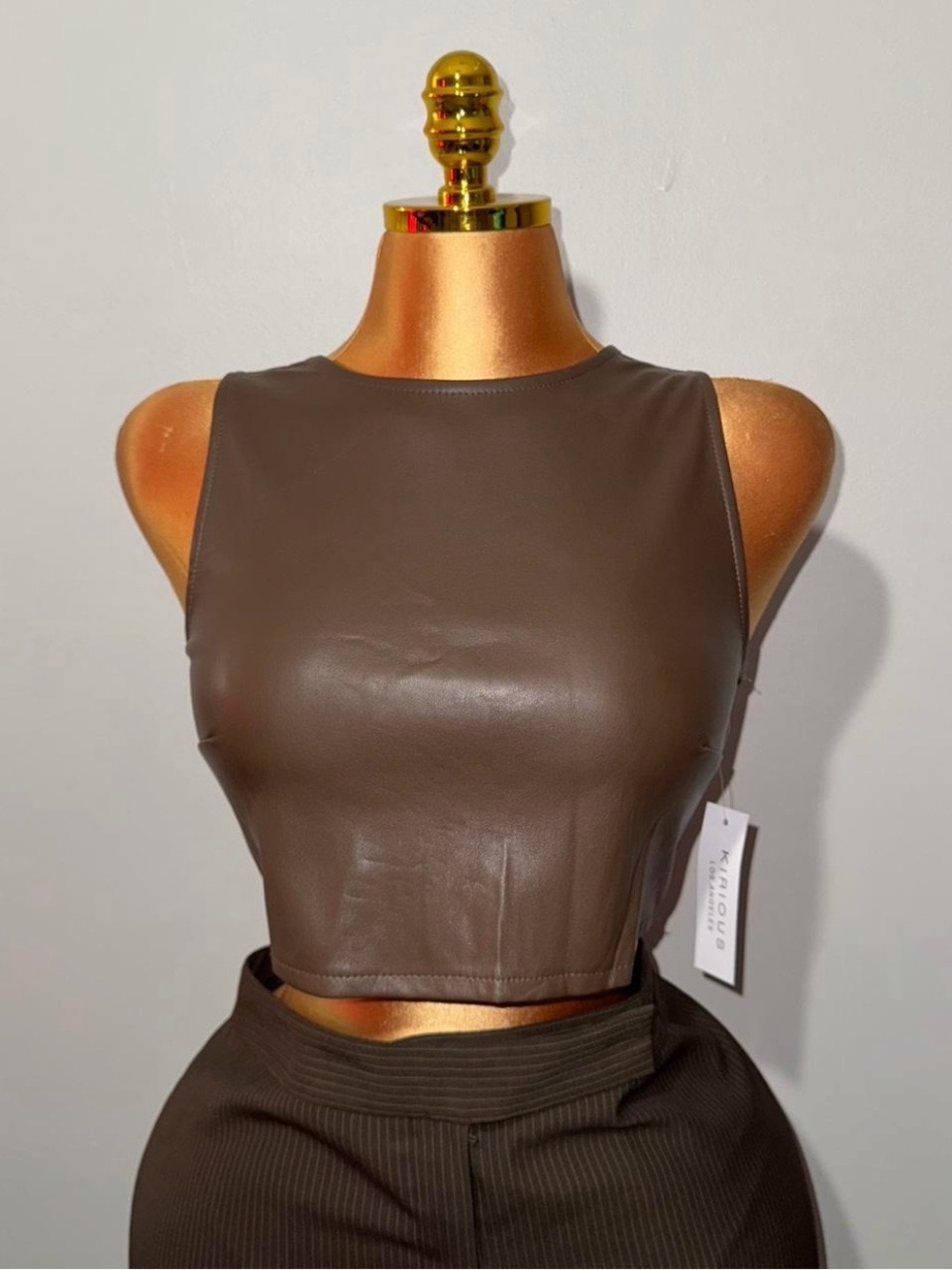 Faux-Leather Brown Sleeveless Crop Top